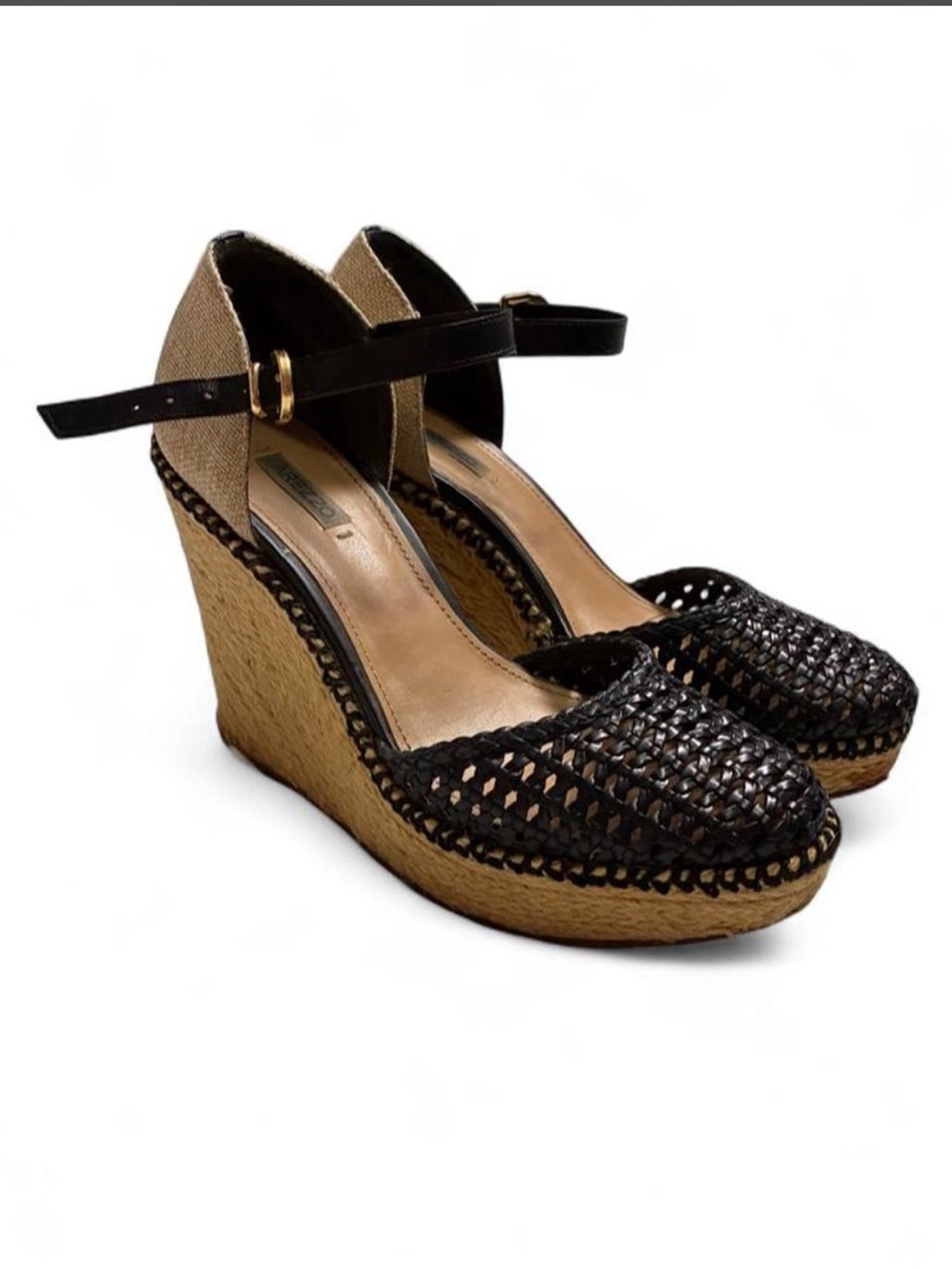 AREZZO- black woven wedge sandals with ankle strap- Size: 35Br.